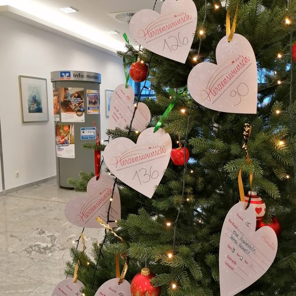 Herzenswunsch-Karten an einem Tannenbaum im Volksbank-Foyer